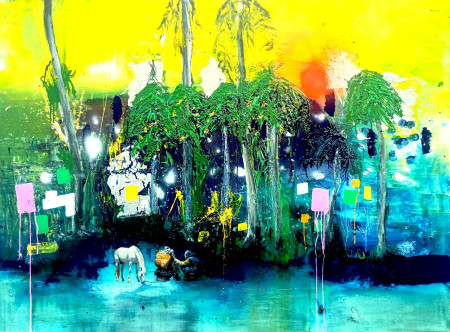 „Er hält fest, unerschütterlich“ 115 x 155 cm|Acryl, Lack, Collage auf Leinwand | 2026